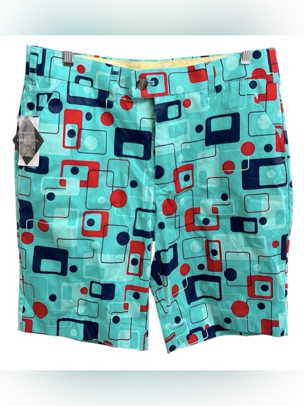 LOUDMOUTH MENS 8 TRACK HERITAGE TEAL RED GEOMETRIC PRINT GOLF SHORTS NEW SIZE 32